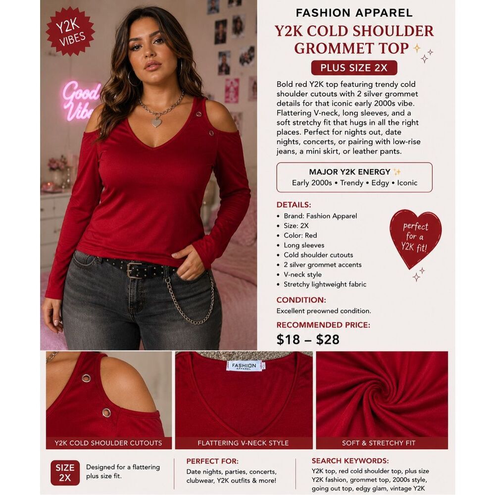 Fashion Apparel Red Cold Shoulder Grommet Top Plus Size 2X Y2K